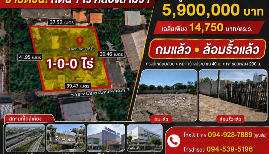 ขายด่วน ที่ดิน 1 ไร่ ถมแล้วพร้อมล้อมรั้ว คลองสามวา ทรงสี่เหลี่ยมสวย ใกล้ทางด่วนจตุโชติ ราคาเสนอขาย: 5,900,000 บาท (เฉลี่ยเพียง 14,750 บาท/ตร.ว.)