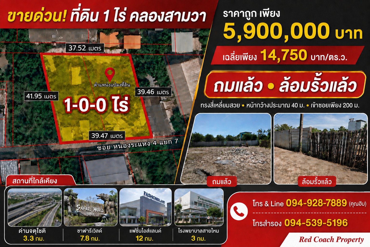 ขายด่วน ที่ดิน 1 ไร่ ถมแล้วพร้อมล้อมรั้ว คลองสามวา ทรงสี่เหลี่ยมสวย ใกล้ทางด่วนจตุโชติ ราคาเสนอขาย: 5,900,000 บาท (เฉลี่ยเพียง 14,750 บาท/ตร.ว.)