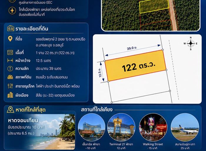 ขาย/เช่า ที่ดินเปล่า แปลงสวย สี่เหลี่ยมผืนผ้า 122 ตร.ว. บางละมุง ชลบุรี อยู่เขต EEC โทร 0859196101
