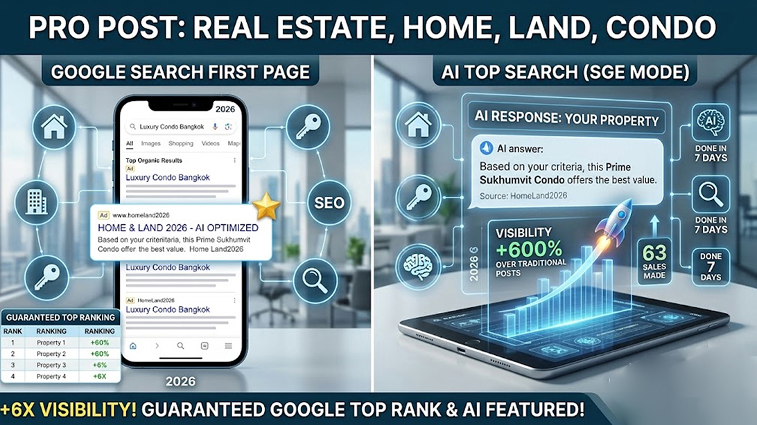 โฆษณา ประกาศ รับประกาศขายบ้าน ติดกูเกิลและAI โพสต์บ้านที่ดิน โฆษณาขายอสังหา ไม่มีค่านายหน้า